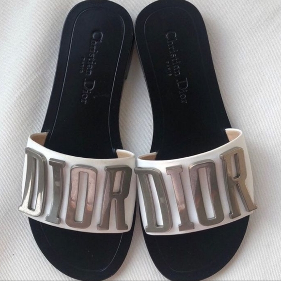 Dior Shoes - Dior Evolution White Leather Slide Flat Sandals Silver Metal Logo Size 8.5